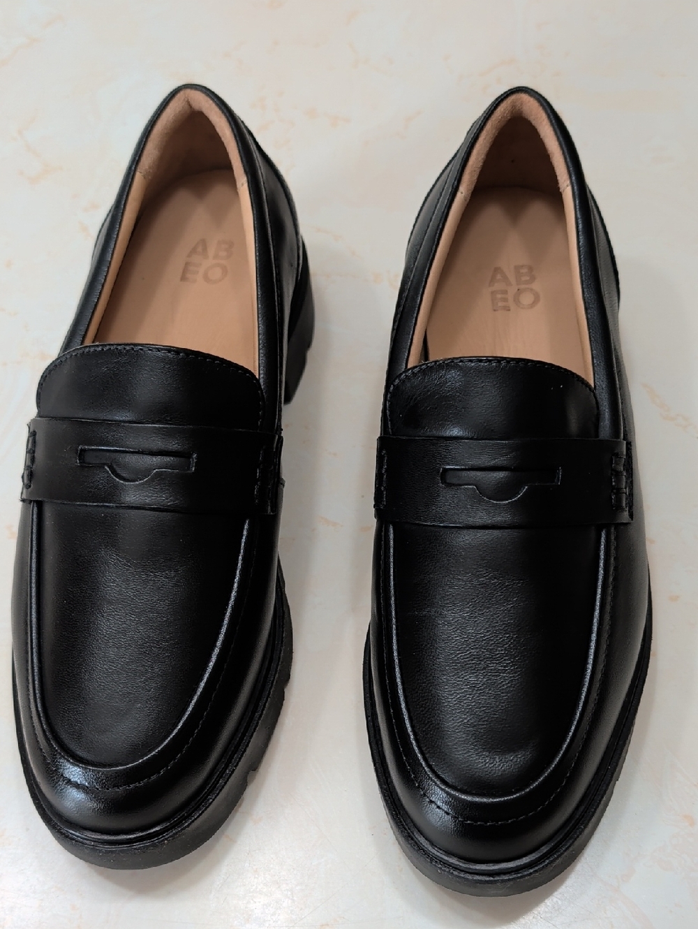 Abeo Black Leather Penny Loafers with Tan Insole